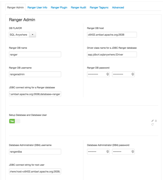 Under Ambari > Ranger > Configs > Ranger Admin, DB FLAVOR where SQL Anywhere is selected.