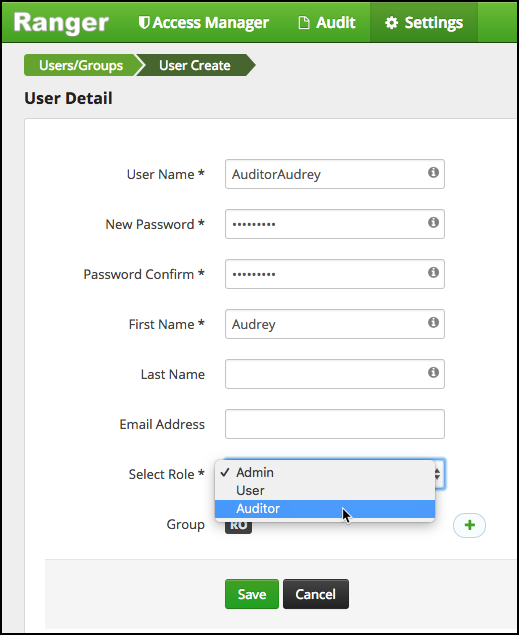 Adding an Auditor, Select Role = Auditor