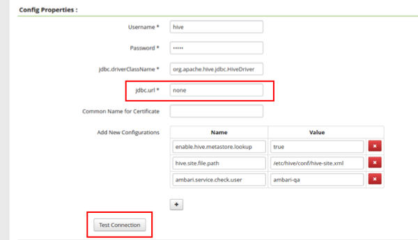 Ranger > Config Properties, jdbc.url and Test Connection highlighted.