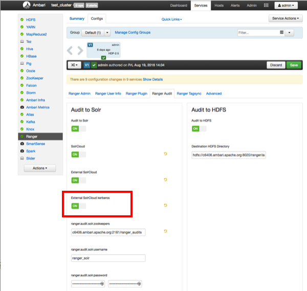 Under Ambari > Ranger > Configs > Ranger Audit, External SolrCloud kerberos option is highlighted as toggled ON.