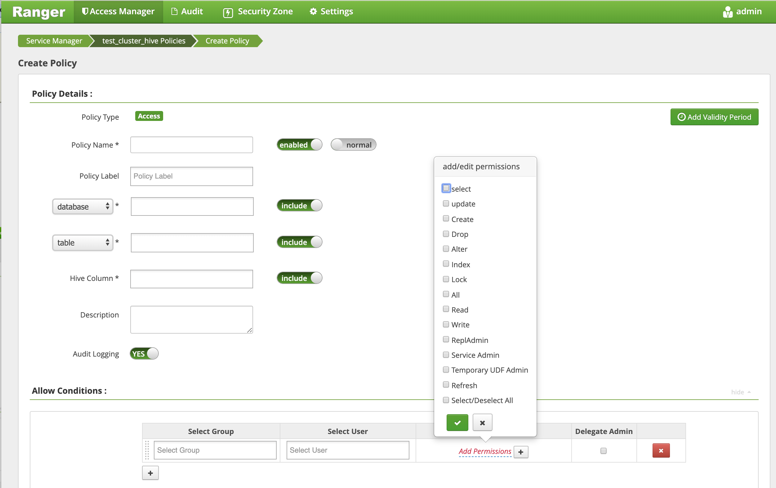 Ranger > Create Hive Policy page.