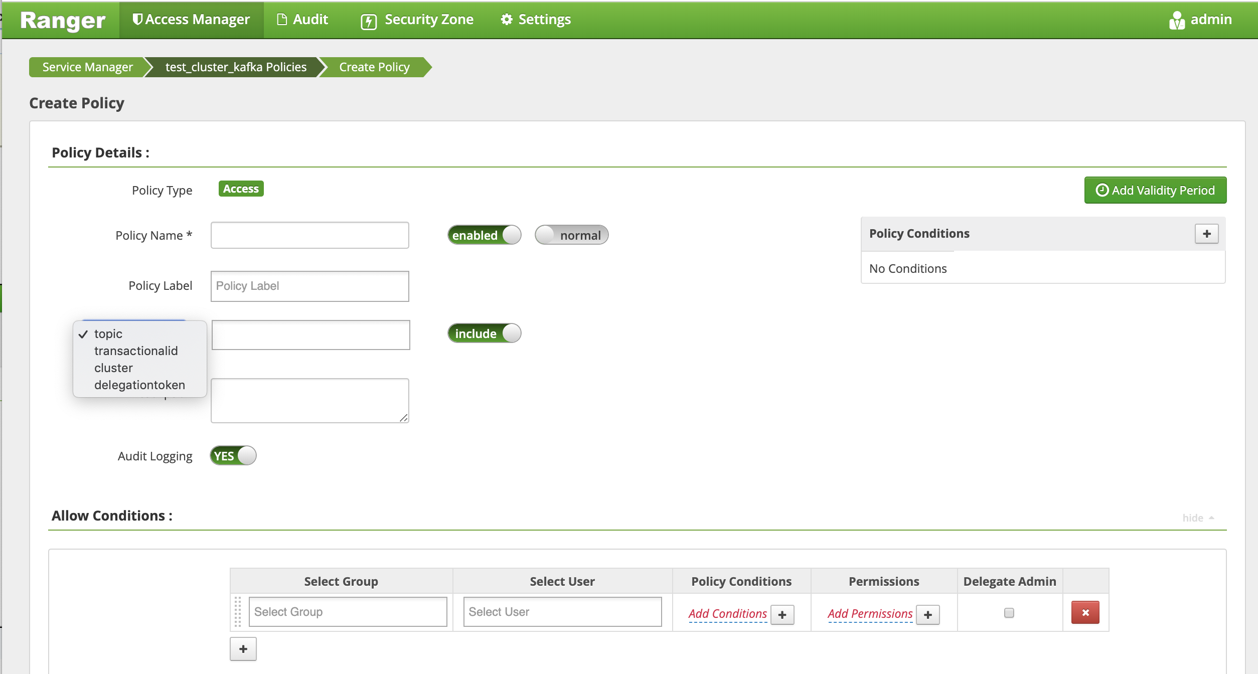 Ranger > Create Kafka Policy page.