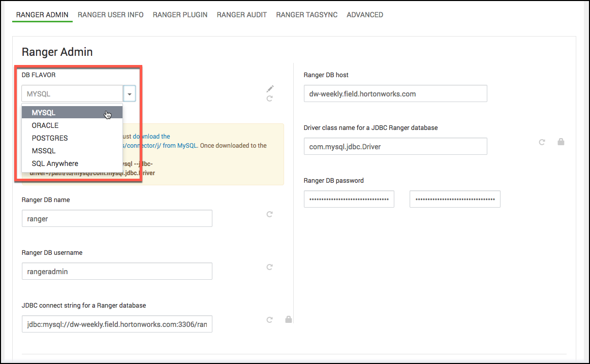 Ambari > Add Service > Ranger > Customize Services, DB Flavor highlighted with MYSQL selected.