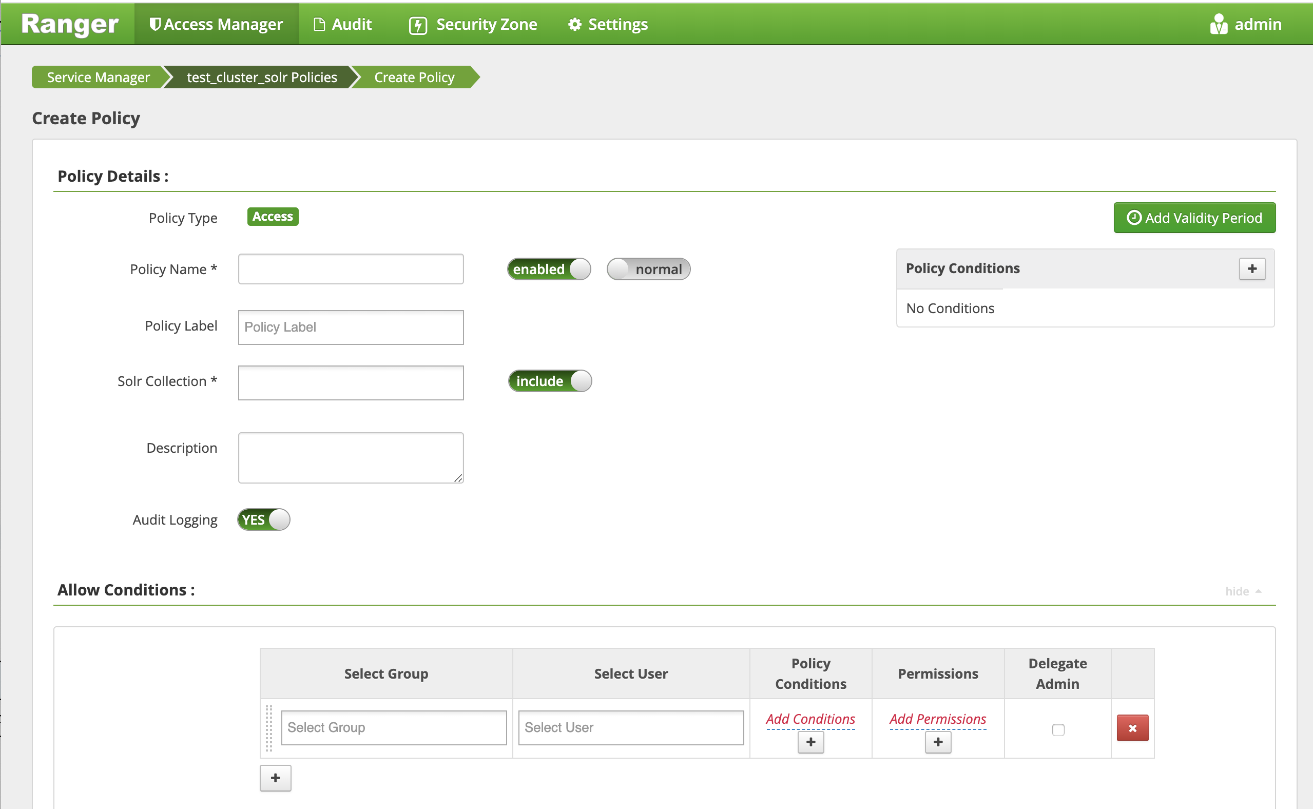 Ranger > Create Solr Policy page.