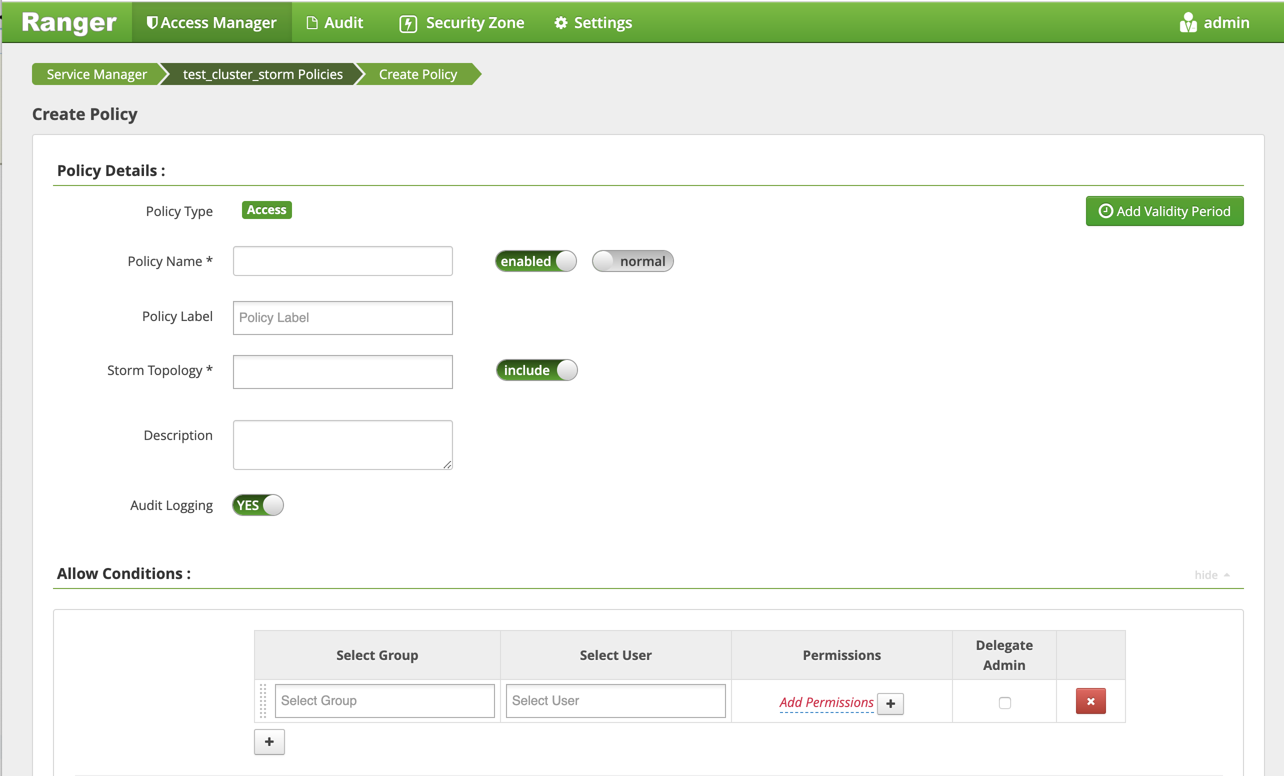Ranger > Create Storm Policy page.