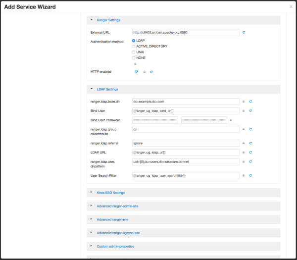 Under Ambari > Add Service Wizard, Ranger Settings and LDAP Settings.