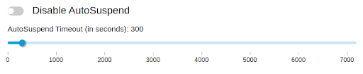 Image showing a toggle switch to disable automatic suspension on a Virtual Warehouse and a slider to set the time before the Virtual Warehouse suspends itself.