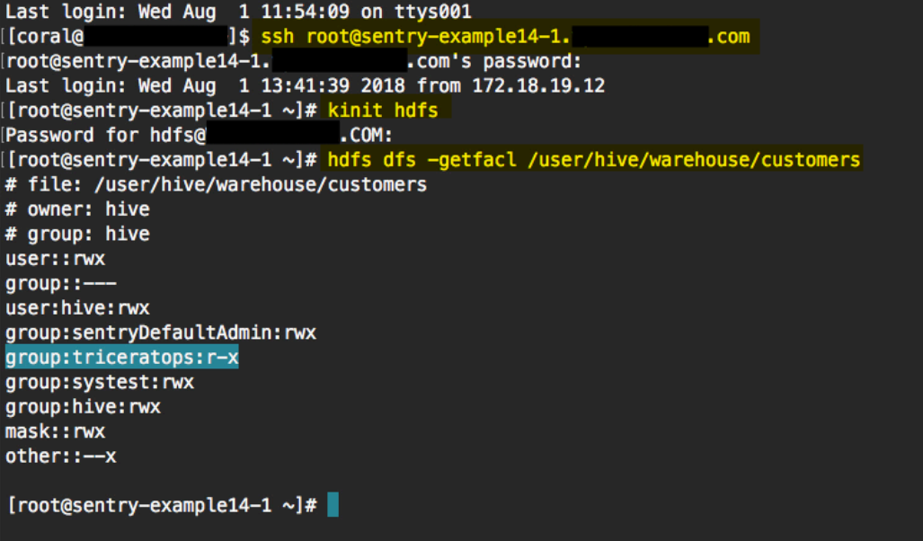 The triceratops group is listed with r-x privileges on the customers table.