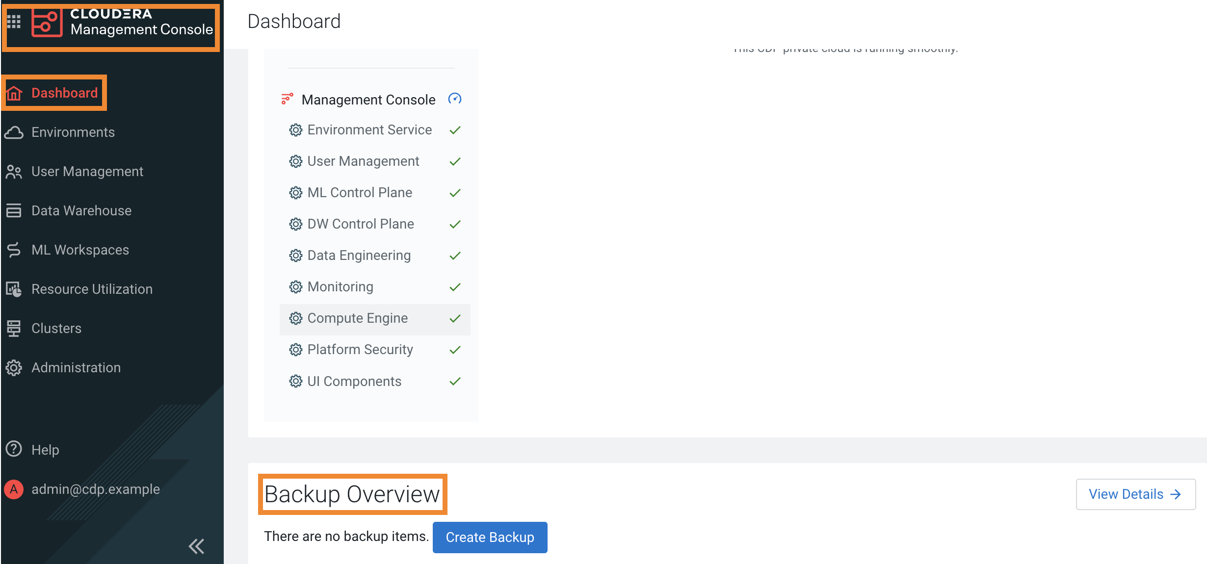 The sample image shows the View Details option in the Backup Overview section on the Management Console Dashboard page.