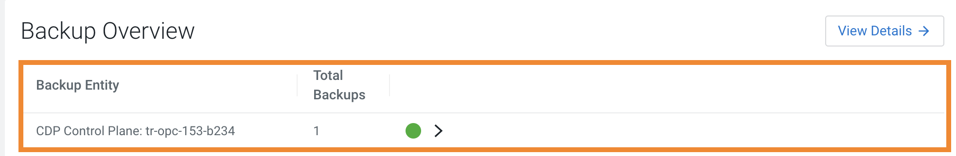 The sample image shows the columns that appear when backups are available in the Backup Overview section.