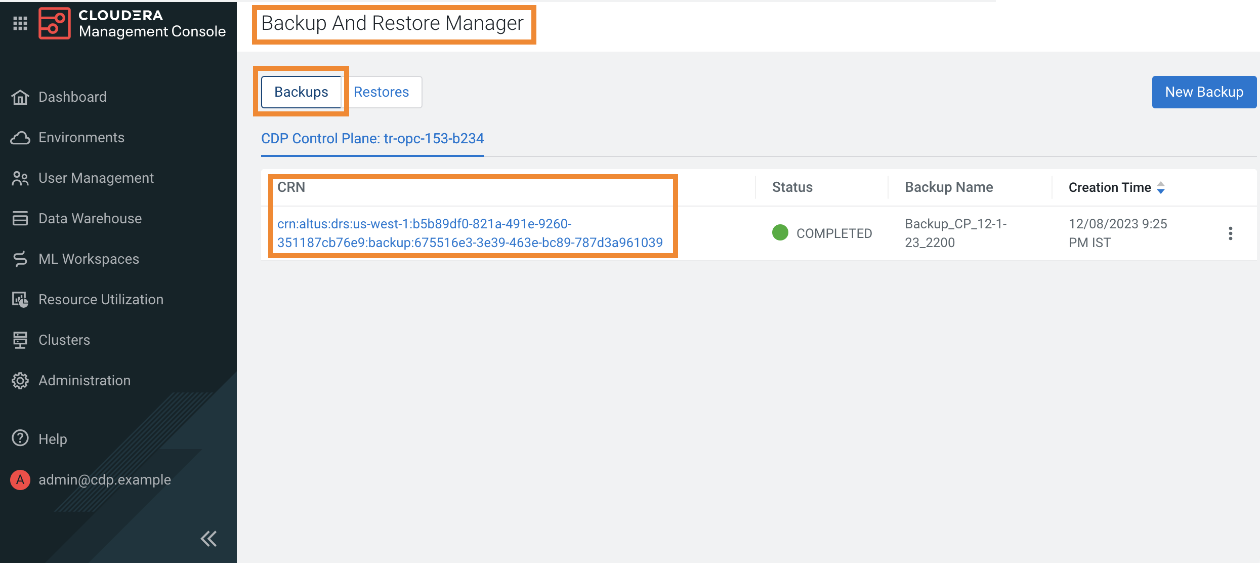 The sample image shows the backup CRN as CRN on the Backups tab in Backup and Restore Manager.