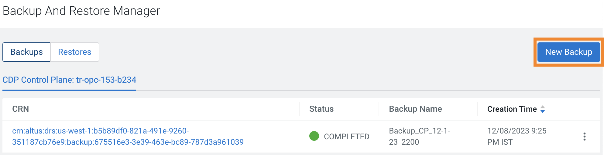 The sample image shows the backup CRN as CRN on the Backups tab in Backup and Restore Manager.