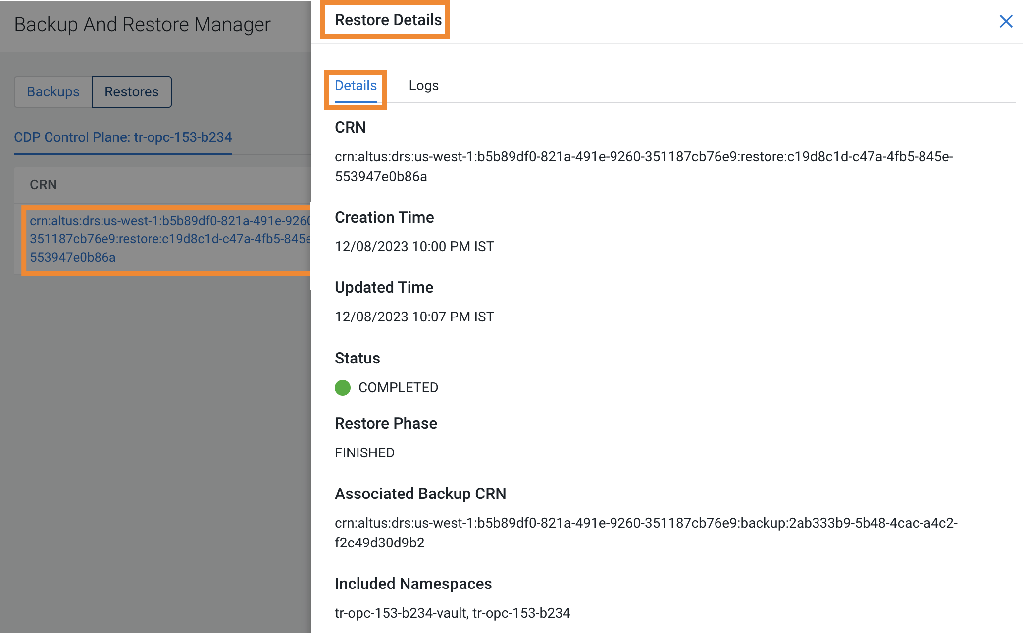 The sample image shows the Restore Details modal window after you click the CRN for a restore event on the Restores tab.